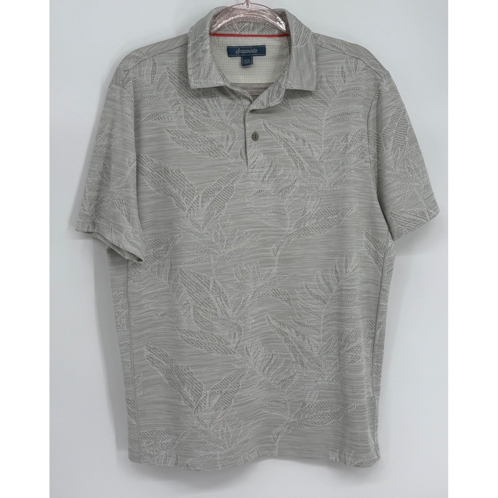 Seapointe Mens Grey Tropical Leaf Print Polo Shirt‎ Short Sleeve Polyester Sz M